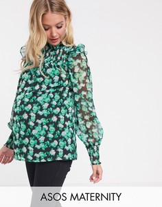 Присборенный топ с высоким воротником и цветочным принтом ASOS DESIGN Maternity-Мульти