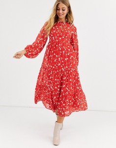 Свободное ярусное платье макси с длинными рукавами и цветочным принтом ASOS DESIGN-Мульти