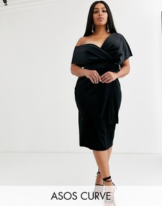 Бархатное платье-футляр миди на одно плечо с завязкой ASOS DESIGN Curve-Черный