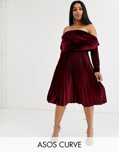Бархатное платье миди с длинными рукавами и открытыми плечами ASOS DESIGN Curve-Красный