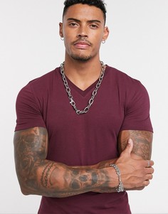 Бордовая обтягивающая футболка с V-образным вырезом ASOS DESIGN-Красный