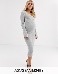 Платье миди с V-образным вырезом и плиссировкой ASOS DESIGN Maternity-Серый