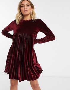 Бархатное платье мини с длинными рукавами ASOS DESIGN-Красный