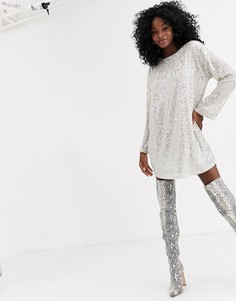 Платье мини с длинными рукавами и пайетками ASOS DESIGN-Серебряный