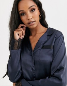 Комбинируемая пижамная рубашка из атласа и кружева ASOS DESIGN-Темно-синий