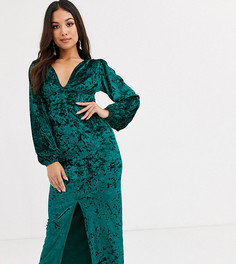 Бархатное платье макси с пуговицами и длинными рукавами ASOS DESIGN Petite-Зеленый