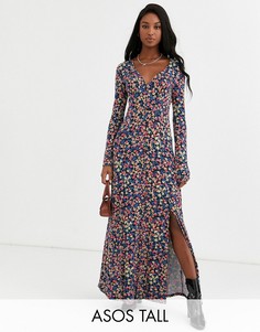 Чайное платье макси на пуговицах с длинными рукавами и принтом ASOS DESIGN Tall-Мульти
