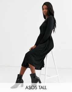 Плиссированное платье мини с длинными рукавами ASOS DESIGN Tall-Черный