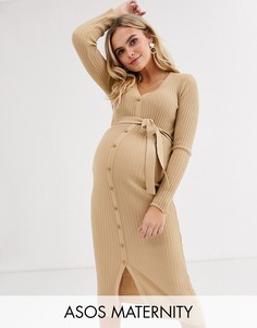 Платье миди с пуговицами и поясом ASOS DESIGN Maternity-Светло-бежевый
