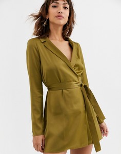 Атласное платье-смокинг мини с поясом ASOS DESIGN-Зеленый