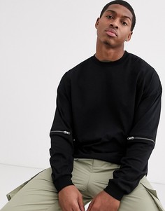 Свободный черный лонгслив с молниями на локтях ASOS DESIGN