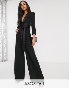 Комбинезон-смокинг с широкими штанинами и глубоким вырезом ASOS DESIGN Tall-Черный