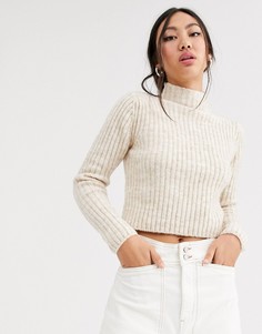 Бежевый укороченный меланжевый джемпер с высоким воротником Monki