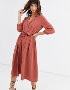 Платье-рубашка миди на пуговицах с присборенной талией ASOS DESIGN-Розовый