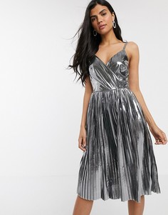 Серебристое плиссированное платье миди с эффектом металлик River Island-Серебряный