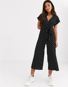 Комбинезон в горошек с запахом и жатым эффектом New Look-Черный