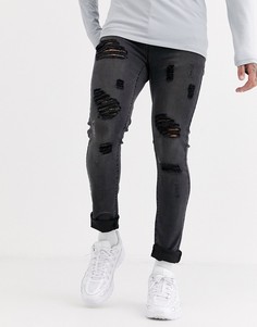 Темно-серые узкие джинсы с рваной отделкой Liquor N Poker-Синий