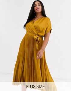 Атласное платье горчичного цвета с плиссированной юбкой New Look Curve-Желтый