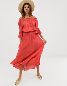 Платье макси с открытыми плечами и фактурным принтом добби ASOS DESIGN-Красный