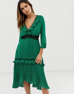 Плиссированное платье миди с контрастными кружевными вставками и оборками Liquorish-Зеленый