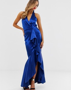 Атласное платье макси с оборками City Goddess-Синий