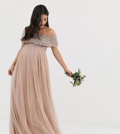 Розовое платье макси из тюля с широким вырезом и однотонными пайетками Maya Maternity Bridesmaid-Коричневый