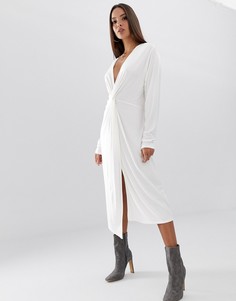 Свободное платье миди с длинными рукавами и узлом спереди ASOS DESIGN-Белый