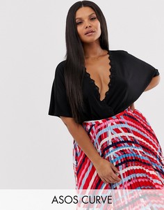 Боди с запахом и кружевной отделкой ASOS DESIGN Curve-Черный