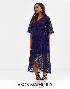 Кружевное платье миди с запахом ASOS DESIGN Maternity-Темно-синий