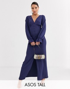 Фактурное платье макси на пуговицах с длинными рукавами ASOS DESIGN Tall-Темно-синий
