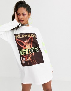 Белое платье-футболка с длинными рукавами и принтом \Playboy\" Missguided-Белый
