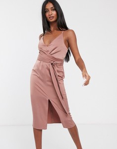 Атласное платье миди на бретельках с запахом ASOS DESIGN-Розовый