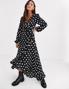 Черное платье миди с длинными рукавами в горошек New Look-Черный