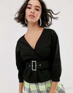Черная блузка с запахом и поясом Bershka-Черный