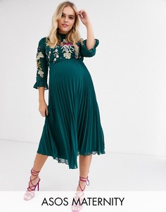 Плиссированное платье миди с вышивкой и расклешенными рукавами ASOS DESIGN Maternity-Зеленый