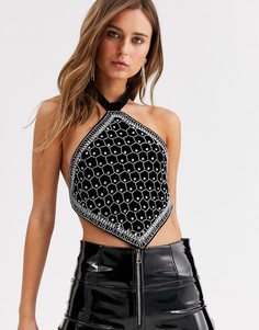 Черный кроп-топ с халтером и декоративной отделкой Topshop