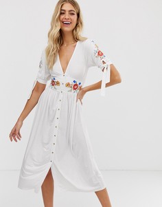 Чайное платье миди с вышивкой на пуговицах ASOS DESIGN-Белый