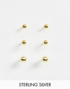 Набор из 3 позолоченных серебряных серег-гвоздиков ASOS DESIGN-Золотой