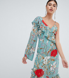 Платье миди с оборками и цветочным принтом Missguided-Зеленый