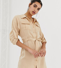 Эксклюзивное атласное платье-рубашка кремового цвета с завязкой на талии Missguided-Коричневый