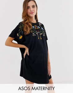 Платье-футболка свободного кроя с вышивкой ASOS DESIGN Maternity-Черный