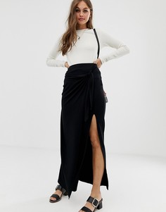 Юбка макси с запахом, поясом и разрезом ASOS DESIGN-Черный