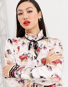 Блузка с принтом, пышными рукавами и мелкими складками Rachel Antonoff - louise-Кремовый