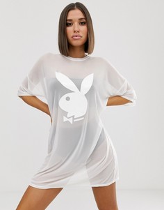 Сетчатое платье-футболка с логотипом \Playboy\" Missguided-Белый