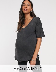 Выбеленная темно-серая футболка с необработанными швами и V-образным вырезом ASOS DESIGN Maternity-Черный