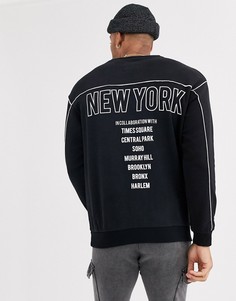 Черный свитшот с круглым вырезом и принтом \new york\" Bershka