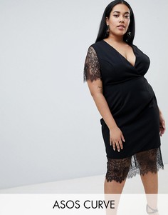 Платье-футляр с V-образным вырезом и кружевными рукавами ASOS DESIGN Curve-Черный