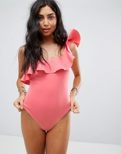 Слитный купальник на одно плечо с оборкой Goddiva-Оранжевый