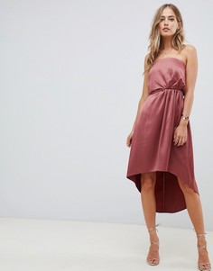 Атласное платье-бандо миди с узлом на спине ASOS DESIGN-Розовый