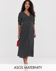 Чайное платье миди в горошек с присборенной талией и пуговицами ASOS DESIGN Maternity-Мульти